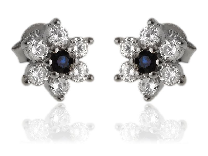 Rodowane Kolczyki Srebrne Kwiatek Szafir Cyrkonie K2857