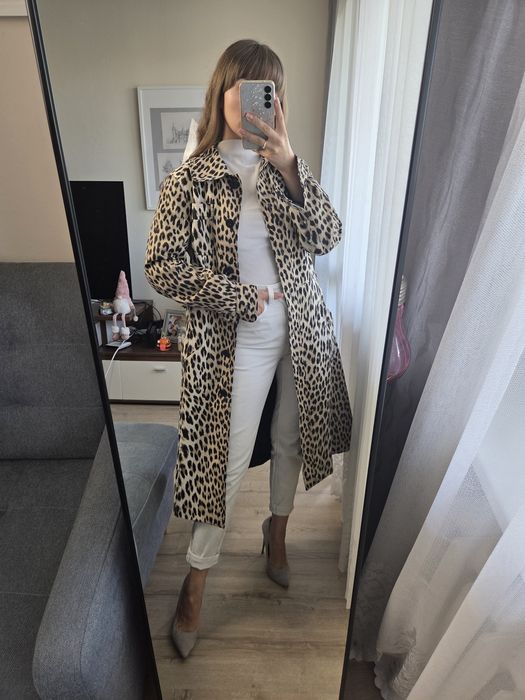 Długi rozkloszowany trencz panterka leopard animal print retro mobwife wyjątkowy wow