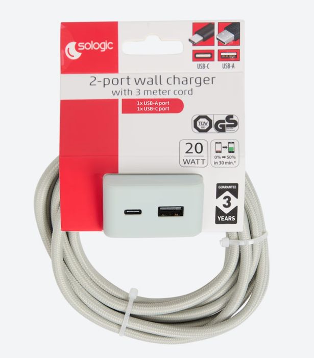 Ładowarka 2 X USB z kablem 3 metry.2 X 20W.