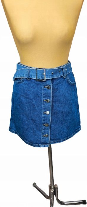 Denim co jeansowa spódnica mini z paskiem guziki na przodzie 36