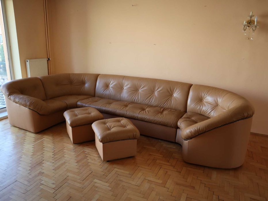 Duża skórzana kanapa narożna modułowa 390 cm + 2 pufy | vintage | oldmoney | loft