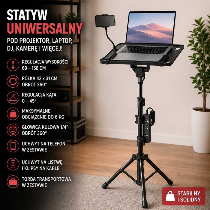 PropVue statyw pod projektor laptop DJ uniwersalny 158 cm + półka