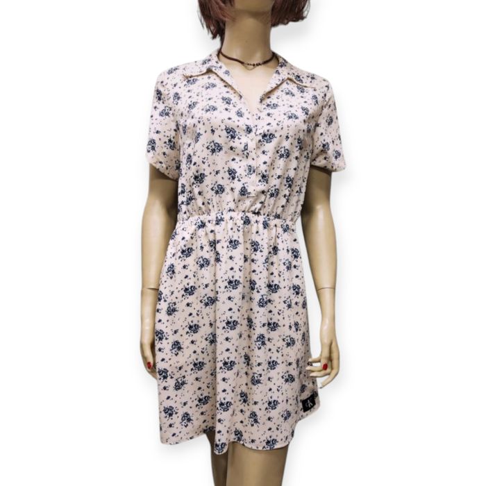 Oryginalna sukienka na lato beżowa w drobne kwiatki guma guziki nowa