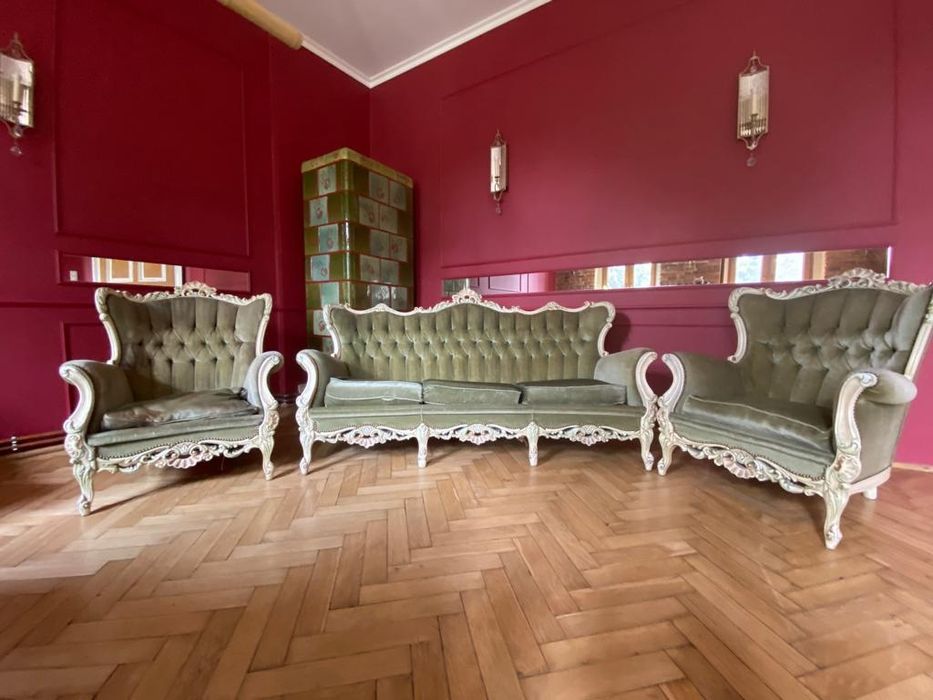Komplet ecru ludwikowski zielony stylowy sofa Ludwik