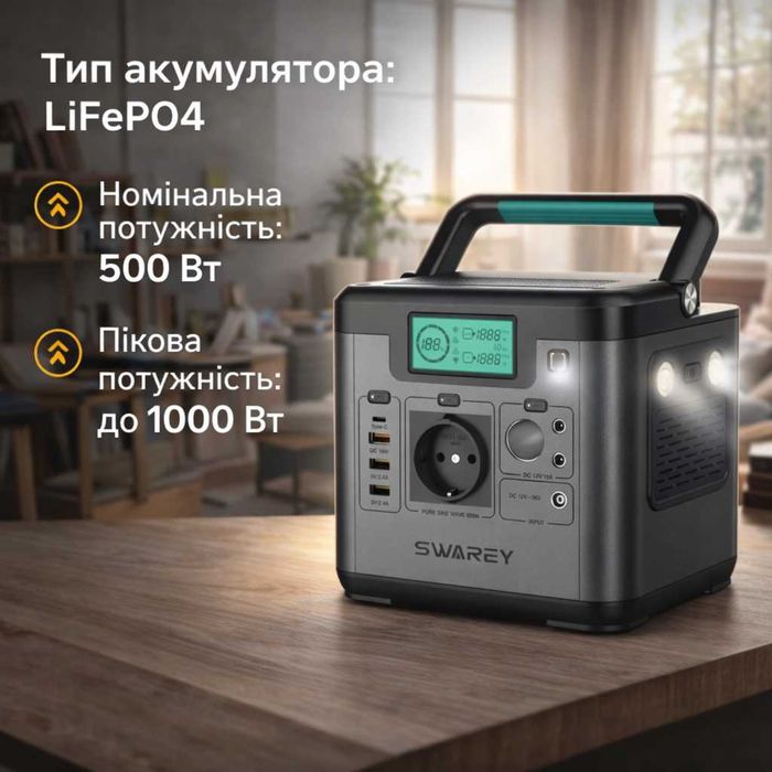 Портативна зарядна станція Swarey S500 Pro 518 Вт резервне живлення