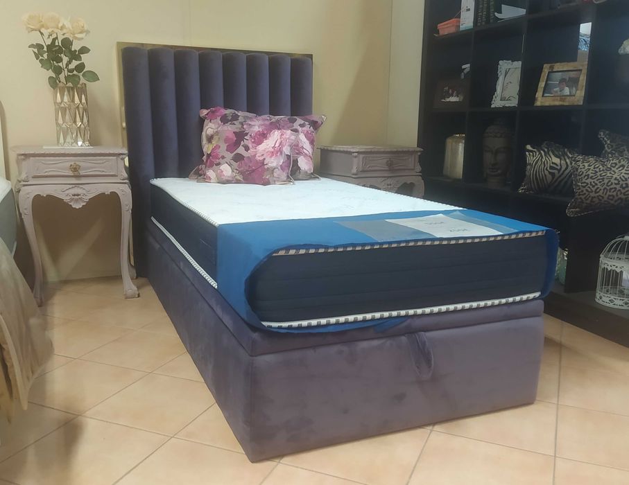 Cama estofada com sommier rebatível + colchão  viscoelástica