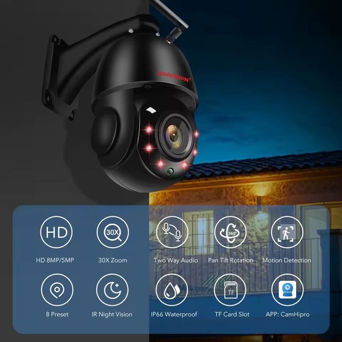 Поворотна Wi-Fi камера відеоспостереження BOAVISION 4K 8MP PTZ
