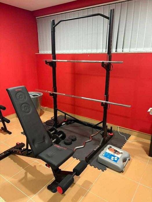 Conjunto de Ginásio Completo – Rack, Banco, Barras, Halteres e Pesos