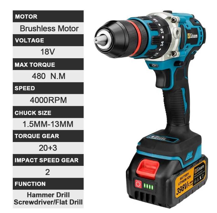 Berbequim Elétrico sem fios Gisam 480N.M com 2 Baterias e carregador