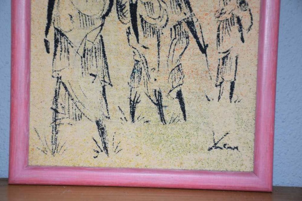 Quadro africano (Angola) pintado a tinta de areia – Quitandeiras/Zungueiras – 1997