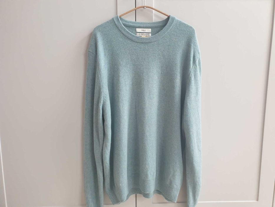 Turkusowy niebieski sweter męski 100% wełna wełniany XL 2XL M&S