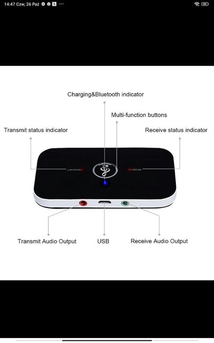 Nadajnik odbiornik audio Bluetooth ładowany z ładowarki smartfona
