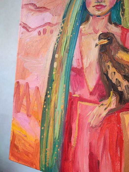 Картина Дівчина з орлом Яскрава помаранчево-рожева красива жінка бохо