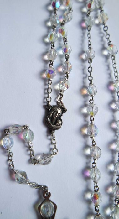 Różaniec piękny szklany opalizujący vintage duży naszyjnik