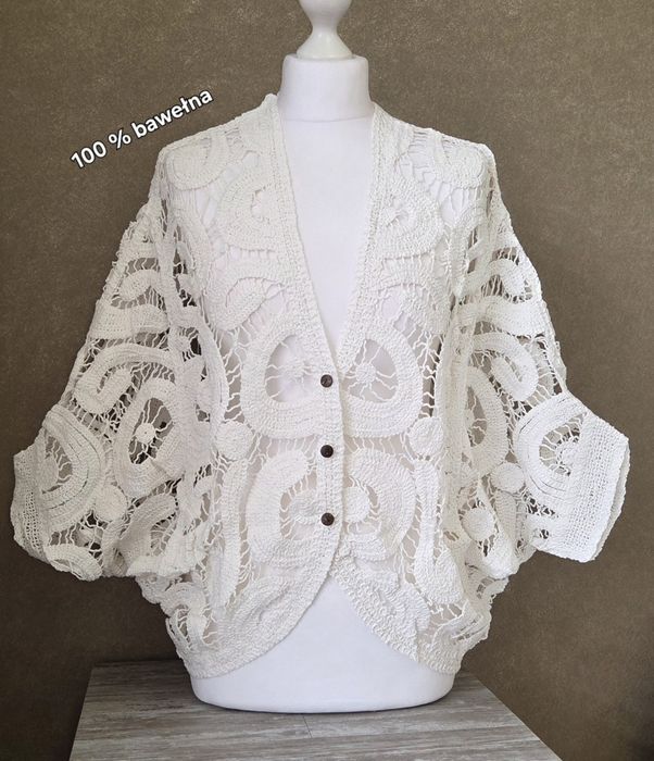 Kardigan narzutka ażurowa boho 100 bawetna bialy śmietankowyKardigan narzutka ażurowa boho 100 bawetna bialy śmietankowy