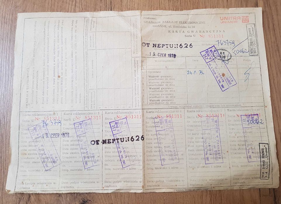 Neptun 626 426 Instrukcja Obsługi Schemat Gwarancja z 1978r.