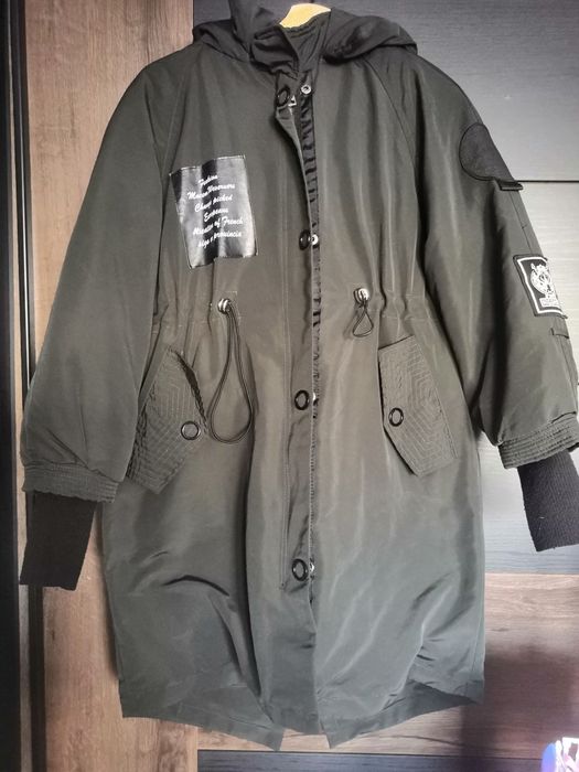 Kurtka płaszcz zimowy parka ciemna zieleń kaptur L XL tanio