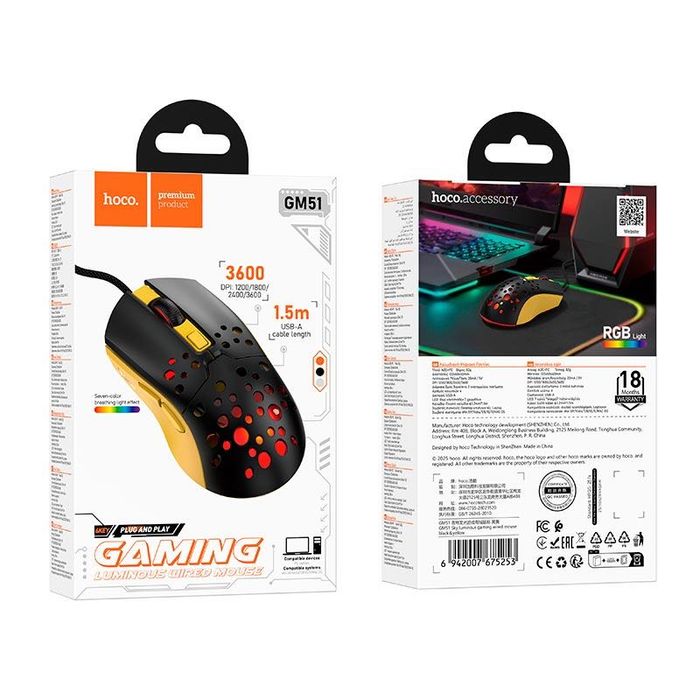 Миша HOCO GM51 3600DPI RGB USB дротова gaming 6 кнопок