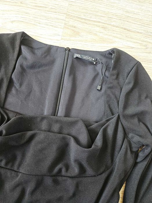 Body czarne długi rękaw figi marszczony dekolt opinające zara S M