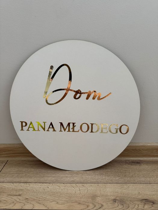 Koło tablica Dom Pana Młodego złoty napis dekoracje domu sali wesele