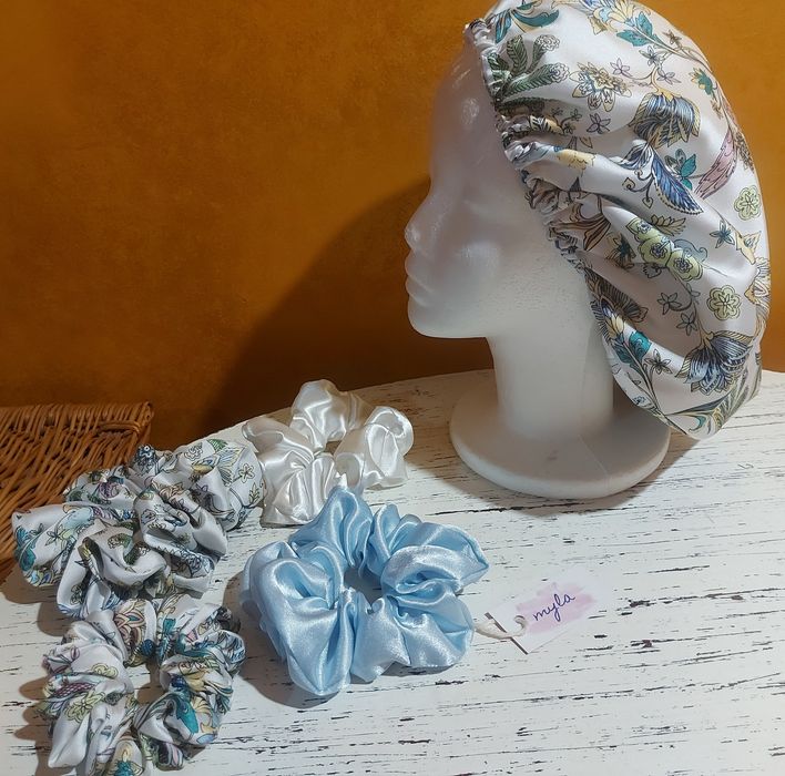 Zestaw jedwabny do długich włosów.  Czepek L, scrunchies M, Xl