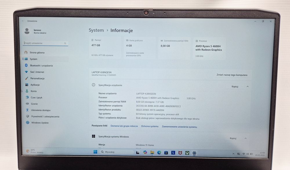 Laptop gamingowy LENOVO IDEAPAD GAMING 3, Komis Jasło Czackiego
