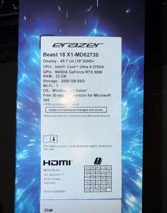 Laptop Erazer Beast X1, RTX5090, 2TB SSD, 32GB RAM
