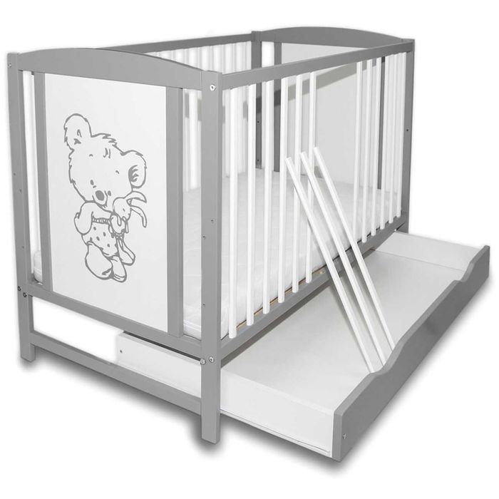 Łóżeczko dziecięce Bajka szara + szuflada + barierka + materac kokos