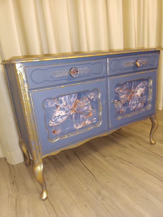 Komoda.Ludwikowska. Vintage. Granatowa z płatkami złota.Shabby.Glamour