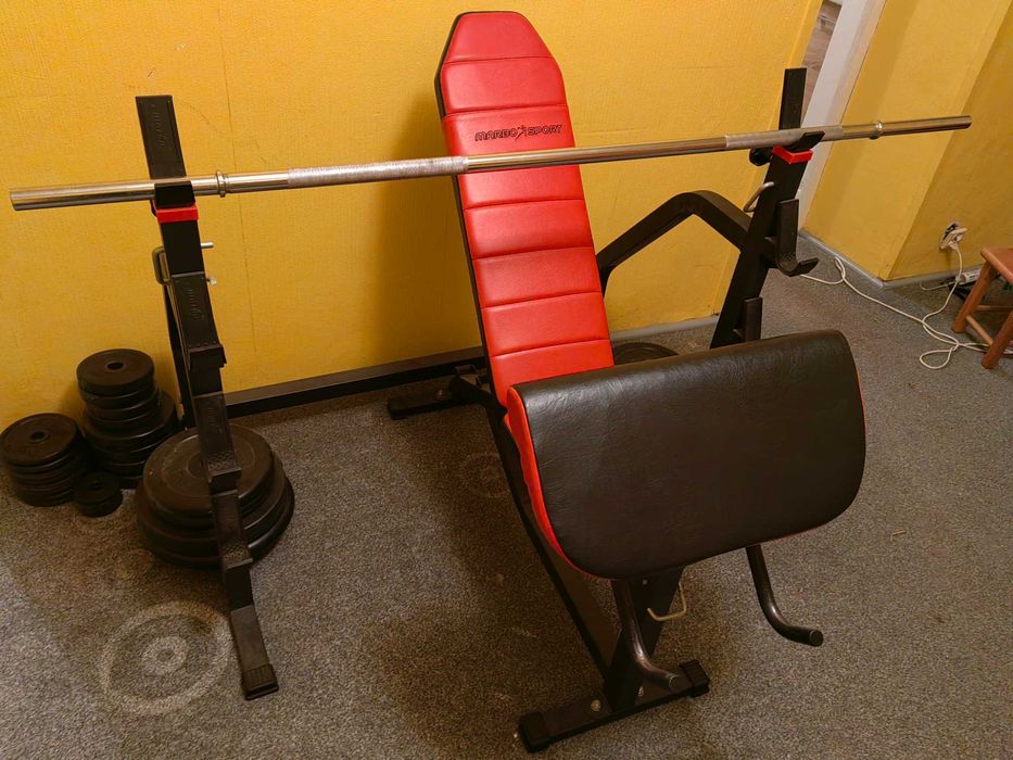 Ławka treningowa z obciążeniem + ławka do brzuszków + stojak