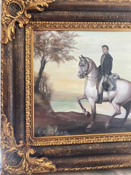 Quadro a óleo com moldura em madeira policromada