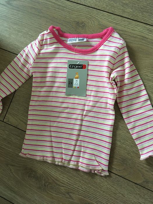 Komplet nowy z metką sukienka na szelkach jeans bluzka w paski 74