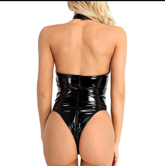 lateksowe body PU skórzana zamek w kroczu erotyczna bielizna roz L