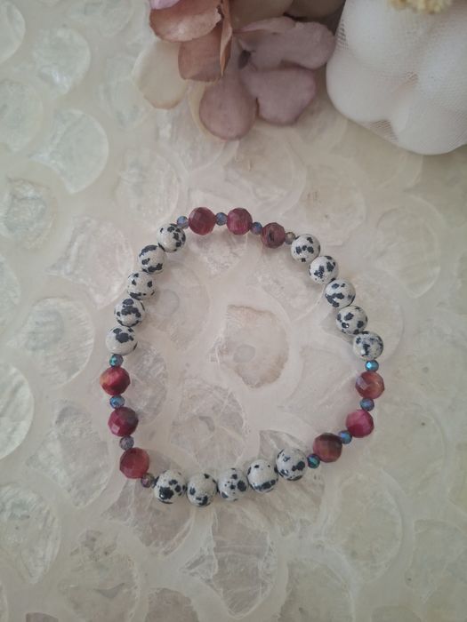 Bransoletka handmade z naturalnych kamieni hematyt jaspis dalmatyński i tygrysie oko