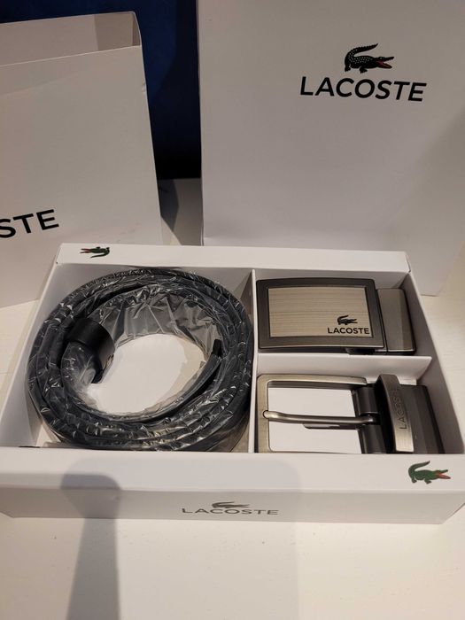 Czarny męski skórzany pasek Lacoste z dwiema klamrami