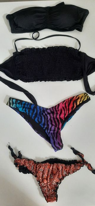 Komplet strój kąpielowy dwa biustonosze opaski B/C majtki brazyliany S/M b. dobry stan Tezenis Calzedonia