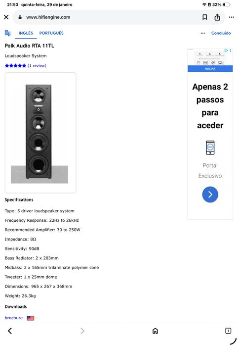 Colunas speakers Polk Audio RTA 11 TL, made in USA