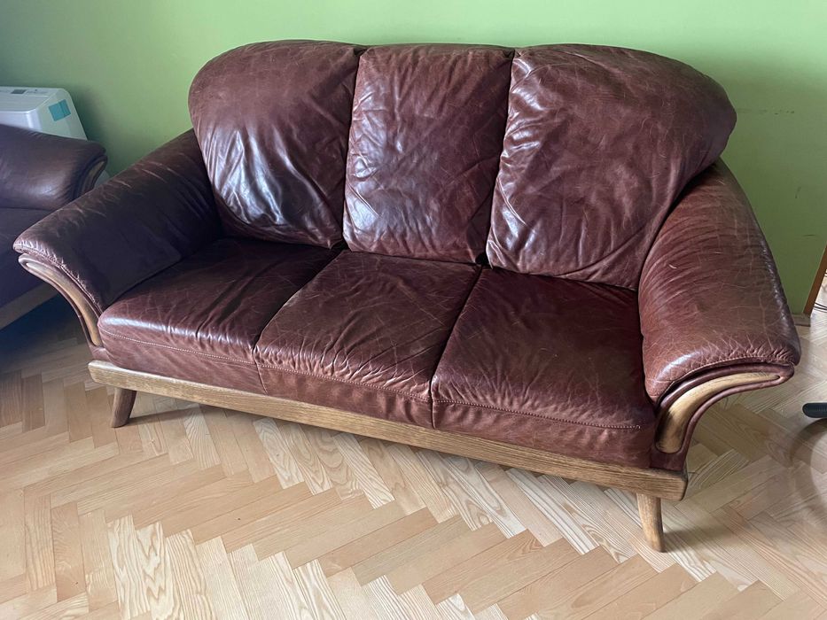Zestaw skórzanych mebli do salonu - kanapa i 2 fotele VINTAGE