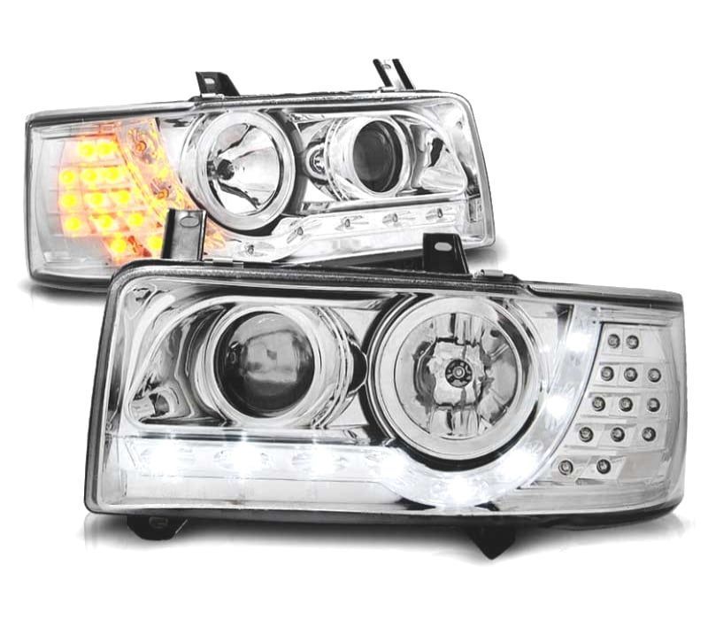 FARÓIS COM LUZ DIURNA + PISCAS LED VOLKSWAGEN VW T4 90-03 FUNDO CROMADO