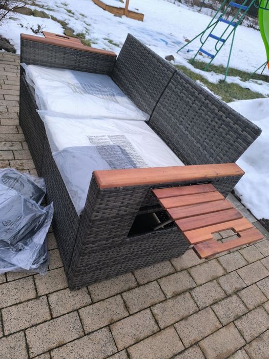 Nowe 2 sofy ogrodowe kanapy fotele modułowe z poduszkami rattan stolik