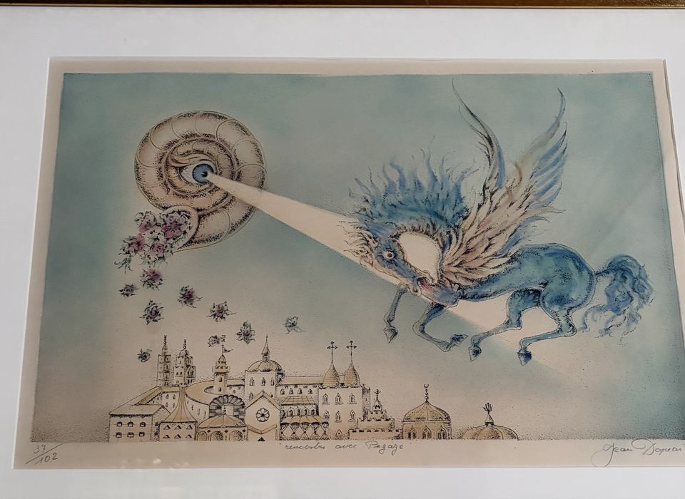 Duża surrealistyczna grafika „Spotkanie z Pegazem” Jean Daprai