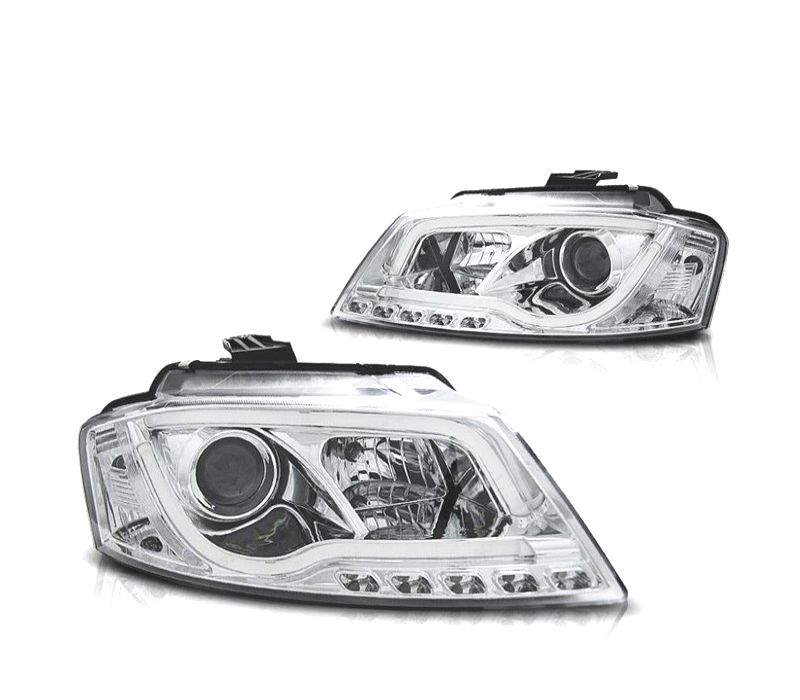 FARÓIS COM LUZ DIURNA TFL AUDI A3 8P 08-12 FUNDO CROMADO