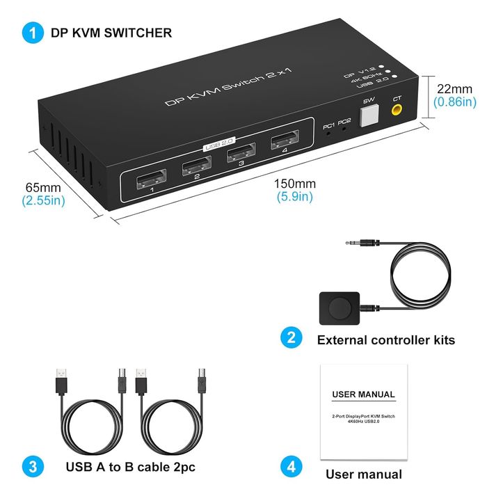 Przełącznik KVM TJCXELE 4K60Hz 2 PC 1 Monitor z USB 2.0