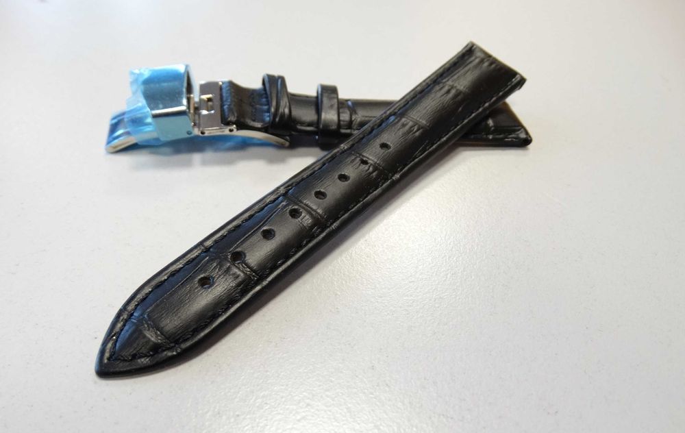 Skórzany pasek do zegarka 18mm czarny kroko klamra zapięcie motylkowe