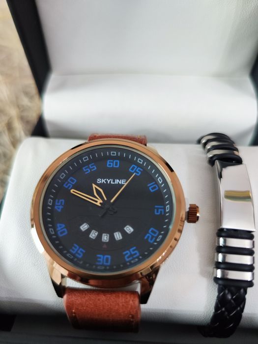 Lindíssimo conjunto Relógio e Pulseira marrom de homem da Skyline