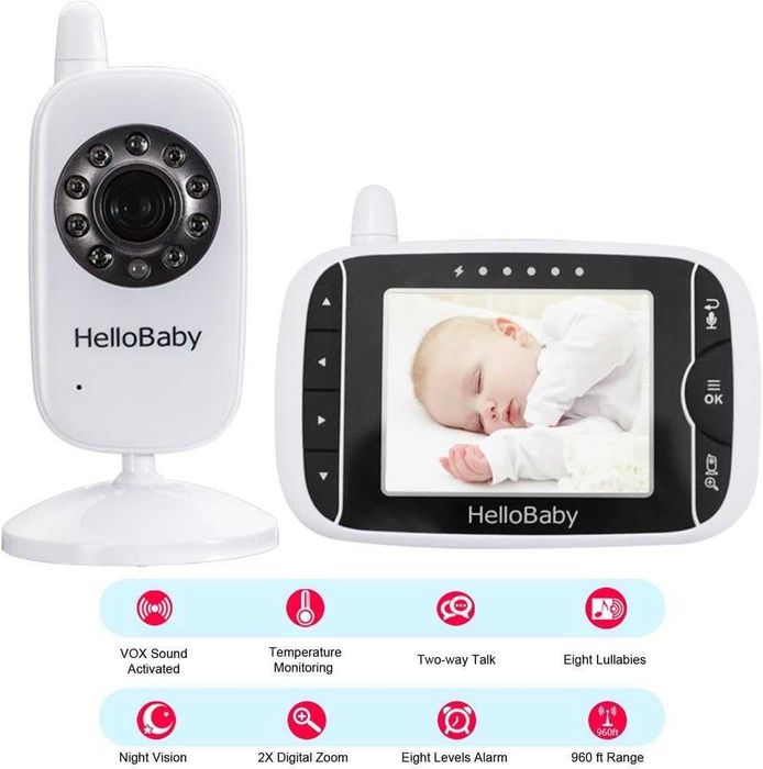 Niania elektroniczna HelloBaby HB32, 3,2" biała, z Kamera HD, Tryb Nocny