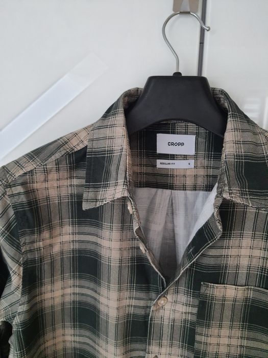 Nowa męska koszula w kratkę S Cropp casual beżowo zielona