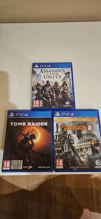 Assasins Creed unity, The Devision 2, Shadow of the Tomb Raider PS4