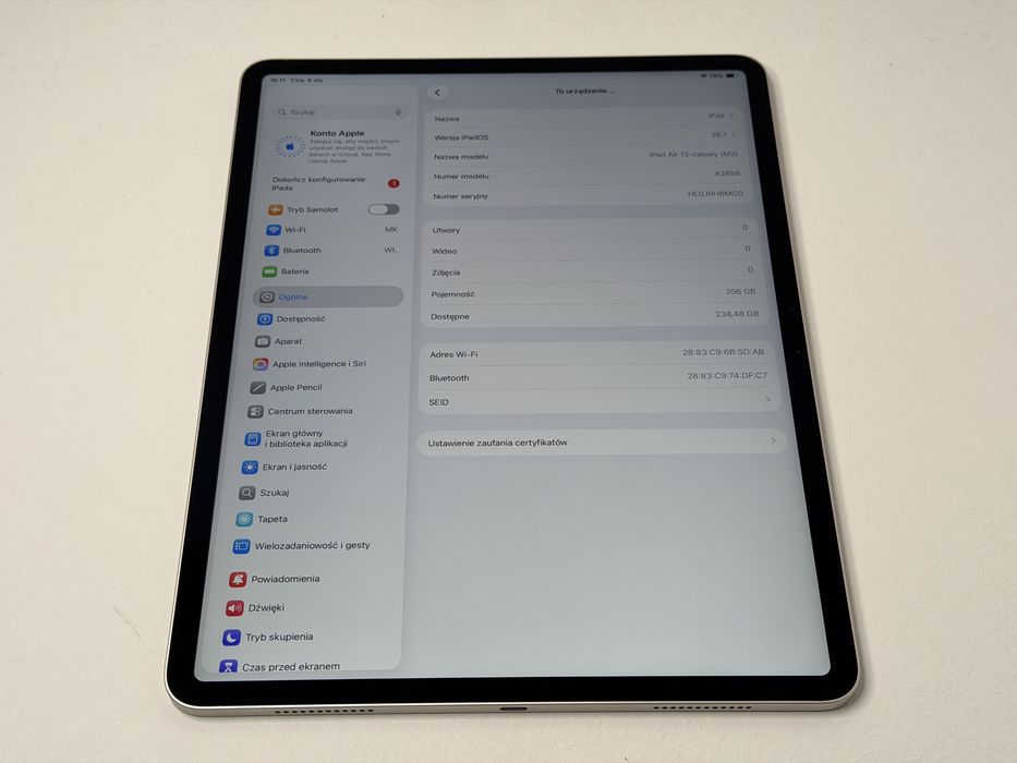 iPad Air 6 13 (A2898) - 256GB - Apple M2 - wada - faktura VAT 23%