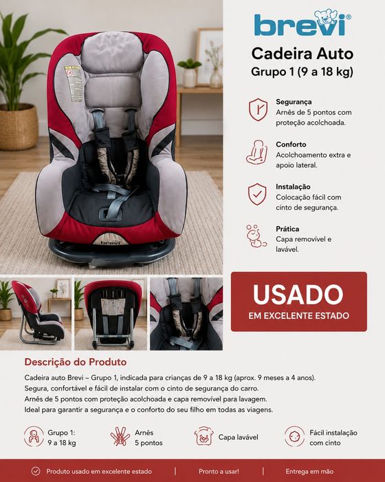 Cadeira Auto Brevi Grupo 1 (9-18 kg) | Excelente Estado | Segura e Confortável
